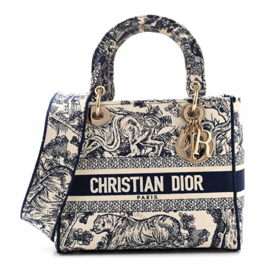 Túi xách đeo chéo Christian Dior Toile de Jouy Embroidered Medium Lady D-Lite Blue FPTD244