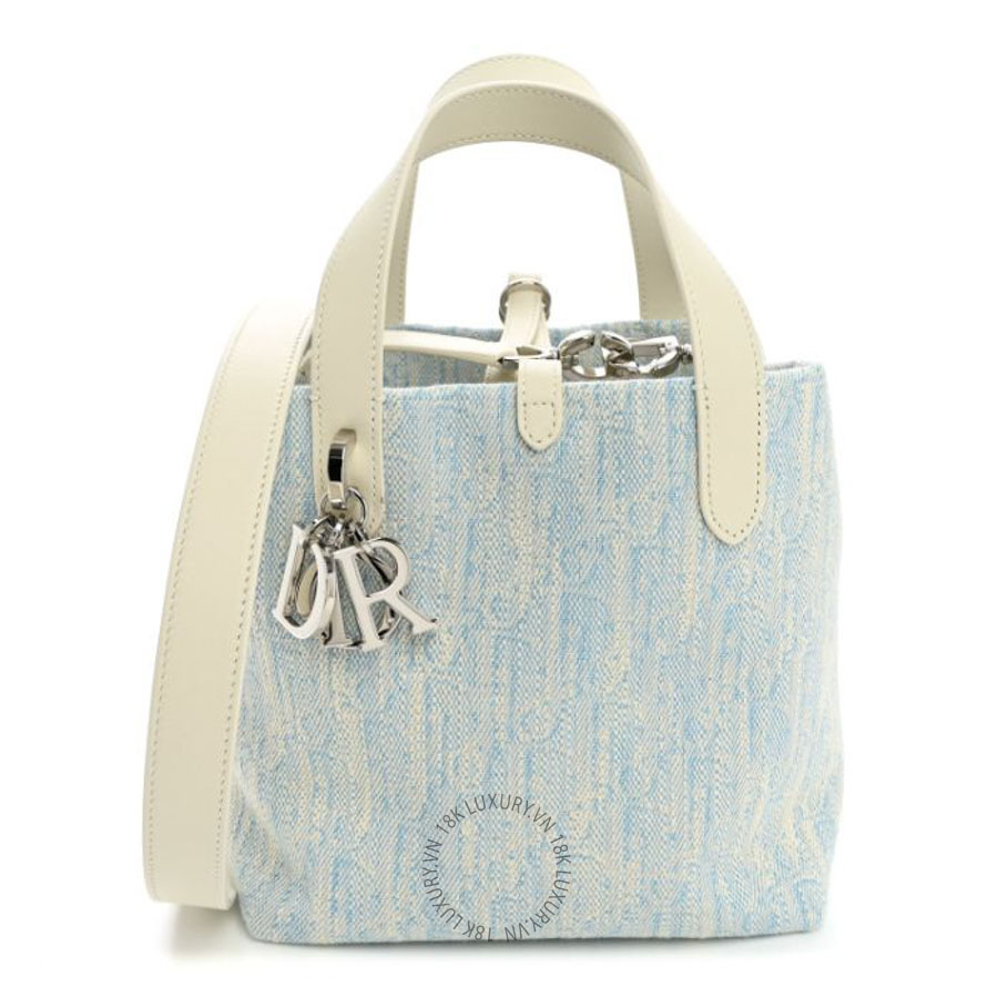 Túi xách đeo chéo Christian Dior Washed Jacquard Oblique Small Vertical Toujours Tote Celeste Blue DIO081