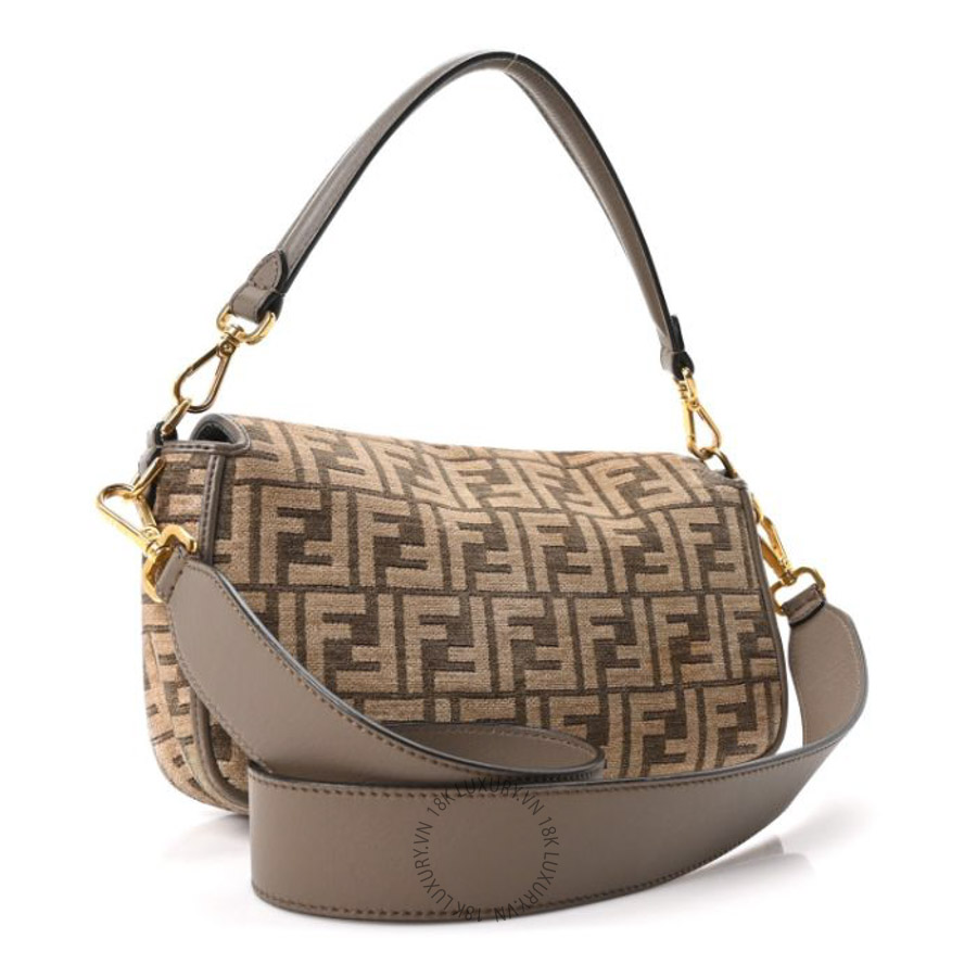 Túi xách đeo chéo Fendi Chenille Vitello Seta FF Embroidered Baguette Tortora TFD410