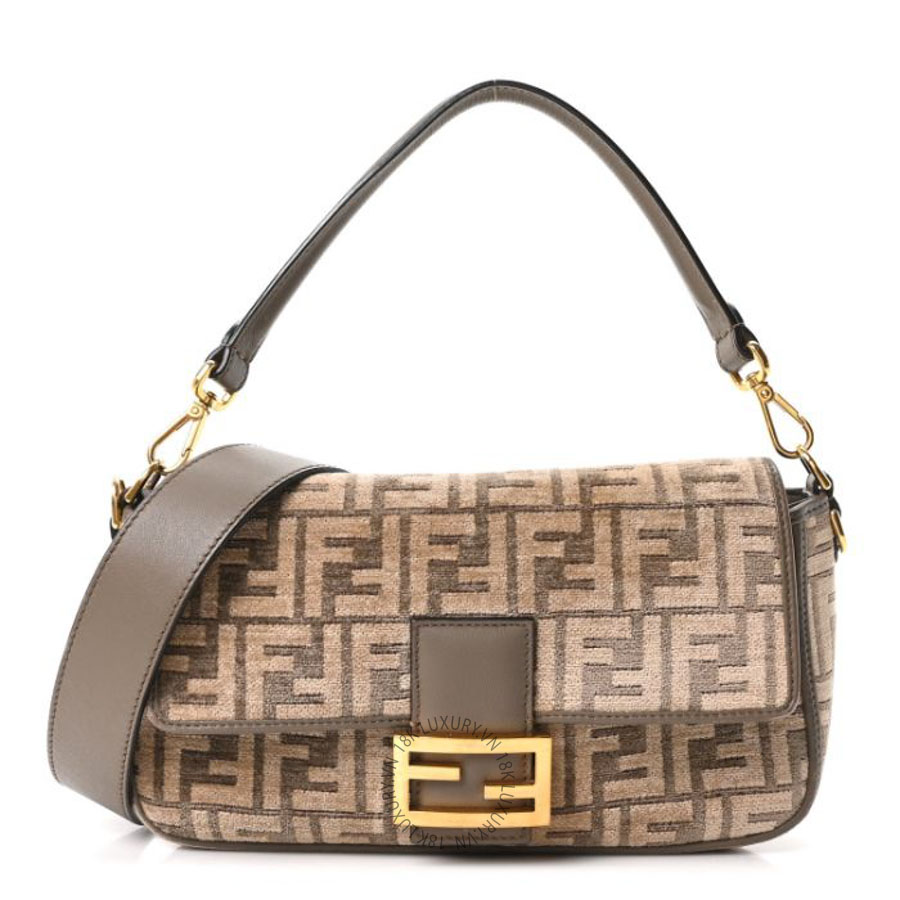 Túi xách đeo chéo Fendi Chenille Vitello Seta FF Embroidered Baguette Tortora TFD410