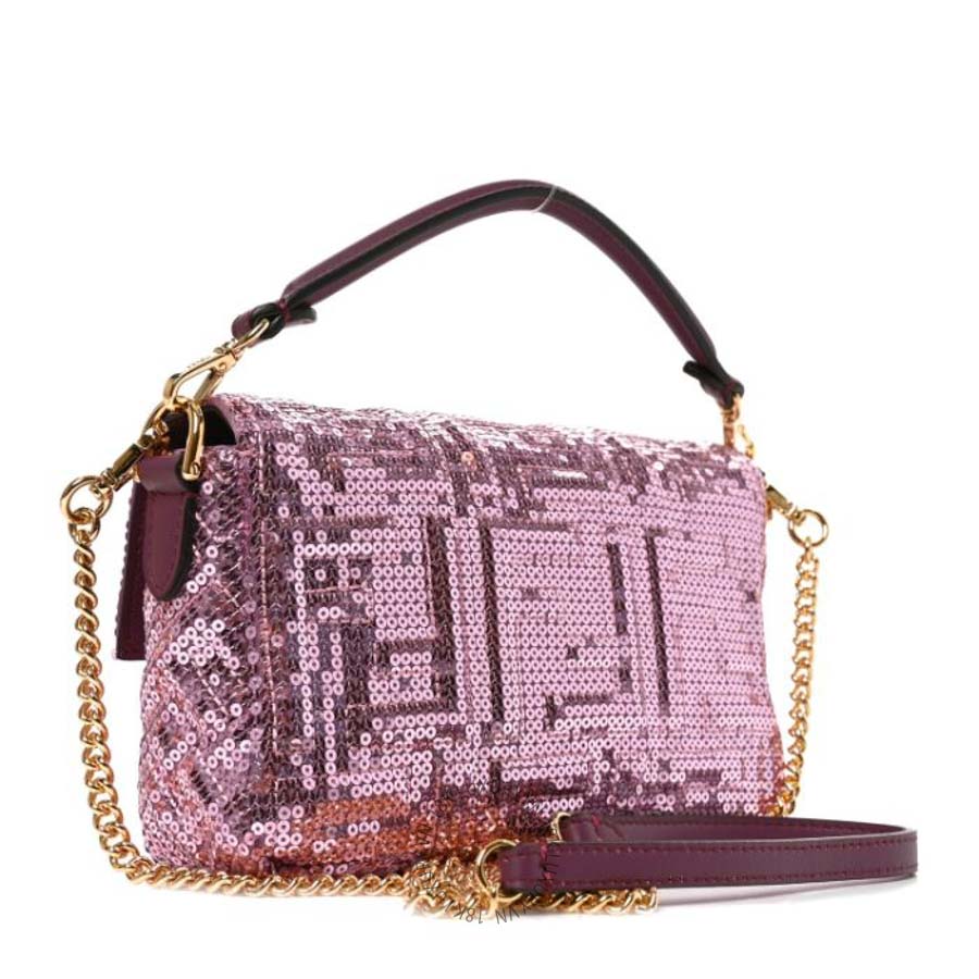 Túi xách đeo chéo Fendi Ricamo Sequin Paillettes Vitello Grace FF Mini Baguette Rosa TFD005