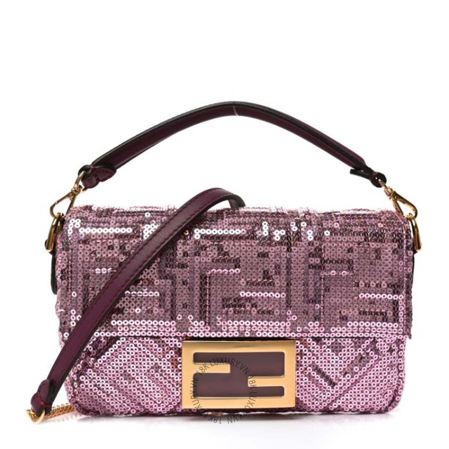 Túi xách đeo chéo Fendi Ricamo Sequin Paillettes Vitello Grace FF Mini Baguette Rosa TFD005