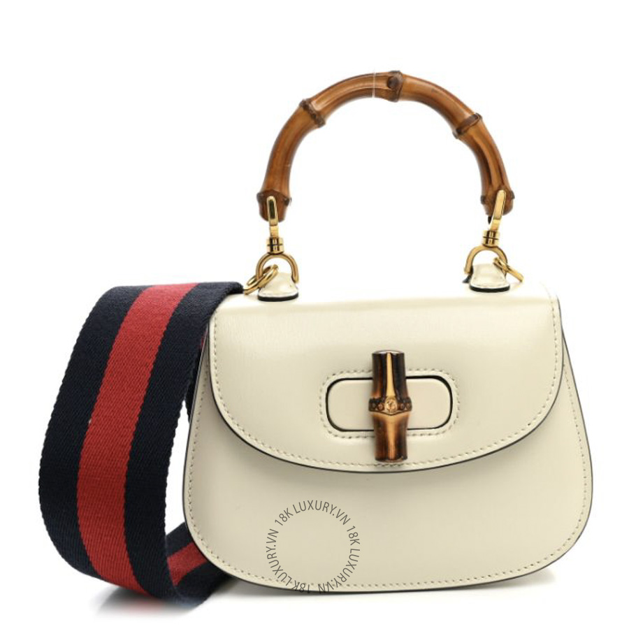Túi Xách Đeo Chéo Gucci Boarded Dyana Lux Calfskin Web Mini Bamboo 1947 Top Handle Bag Mystic White GDCB187