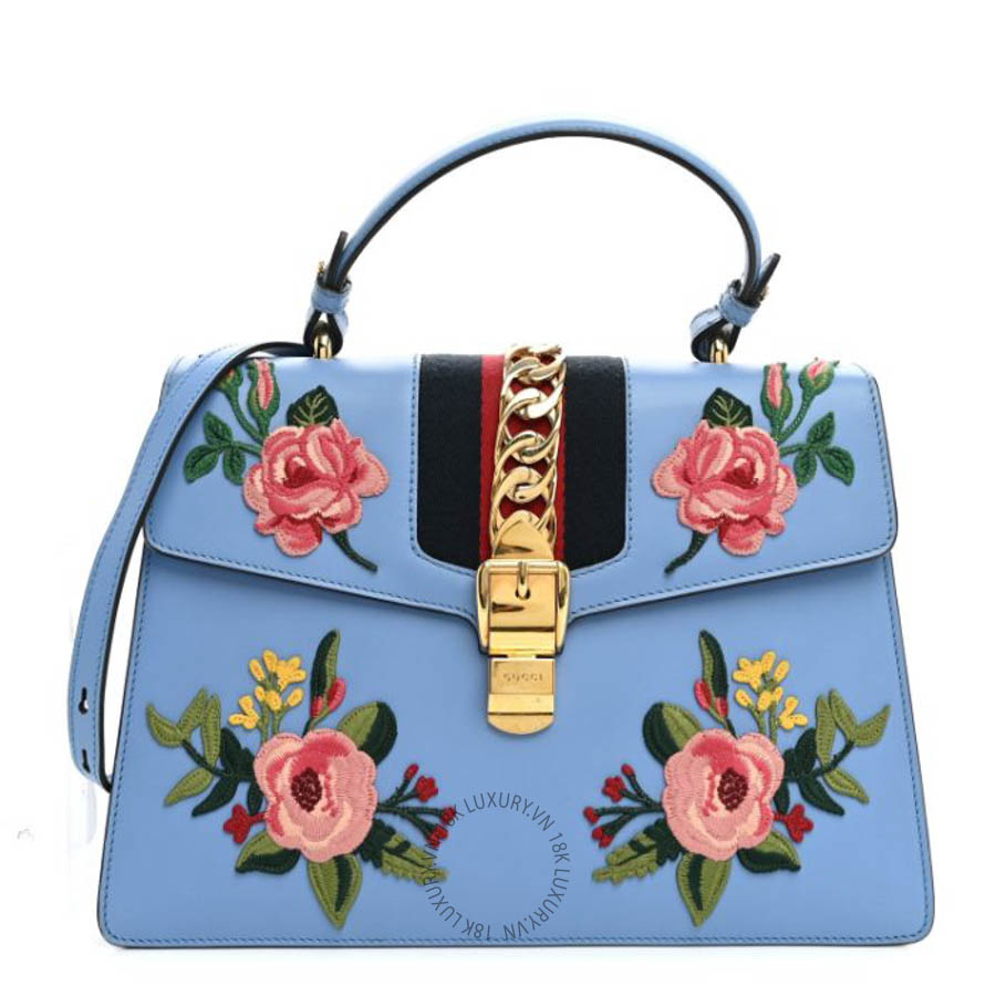 Túi xách đeo chéo Gucci Calfskin Embroidered Medium Sylvie Top Handle Bag Clear Sky Blue GGC533