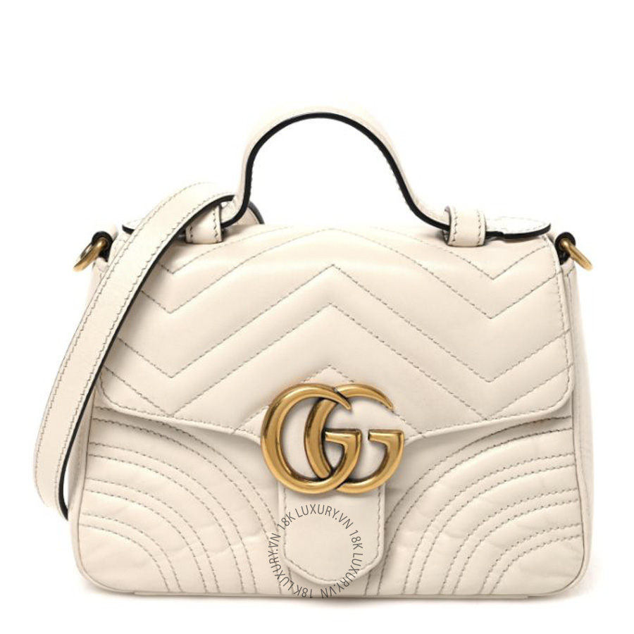 Túi Xách Đeo Chéo Gucci Calfskin Matelasse Mini GG Marmont Top Handle Shoulder Bag White GDCB451