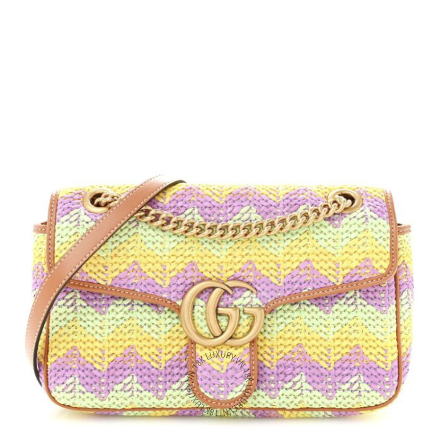 Túi Xách Đeo Chéo Gucci Calfskin Raffia Woven Small GG Marmont Shoulder Bag Multicolor GDCB597