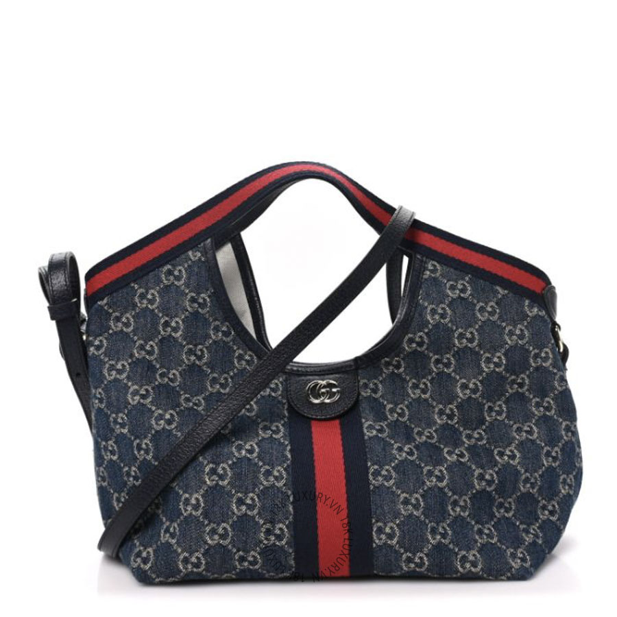 Túi Xách Đeo Chéo Gucci Denim GG Monogram Web Small Giglio Tote Blue White GDCB379