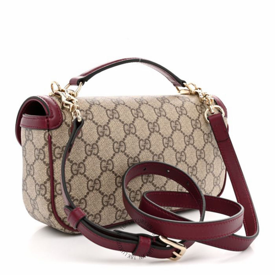 Túi xách đeo chéo Gucci GG Supreme Monogram Horsebit 1955 Small Soft Top Handle Shoulder Bag Beige Dark Red NFPG332