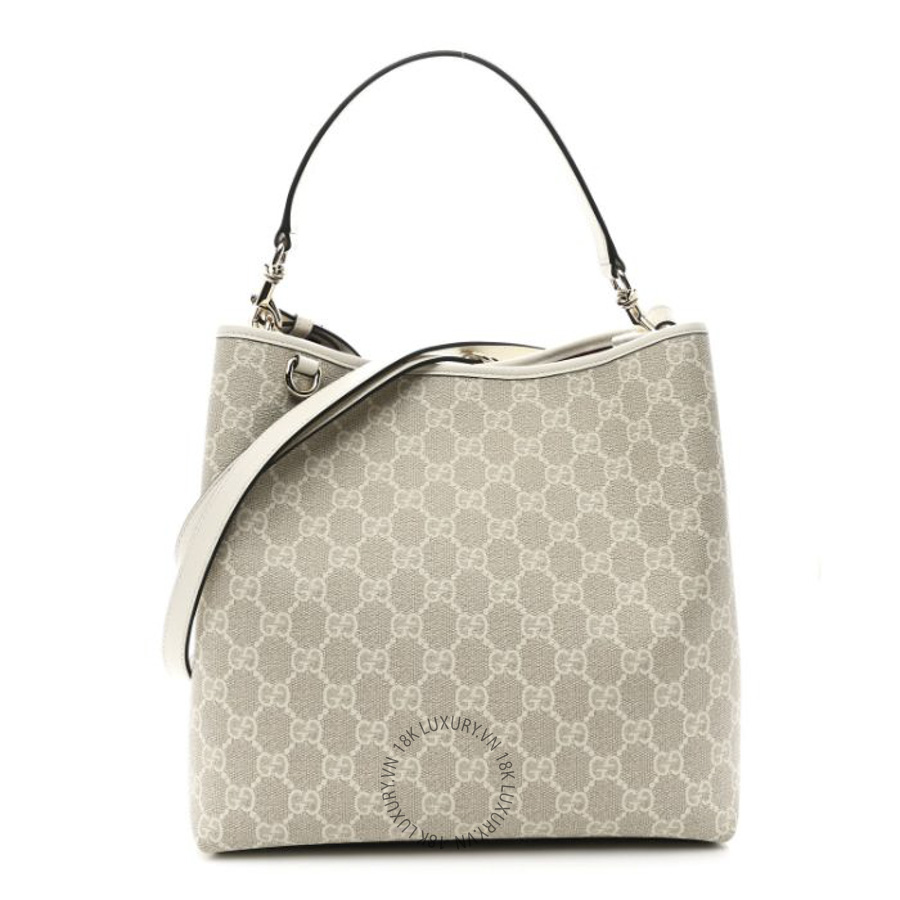 Túi Xách Đeo Chéo Gucci GG Supreme Monogram Medium Emblem Bucket Bag Beige White GDCB409