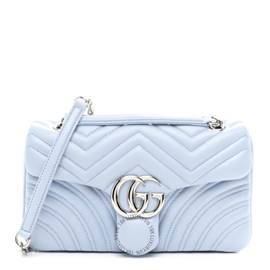 Túi Xách Đeo Chéo Gucci Lambskin Matelasse Medium GG Marmont Shoulder Bag Light Blue GDCB567