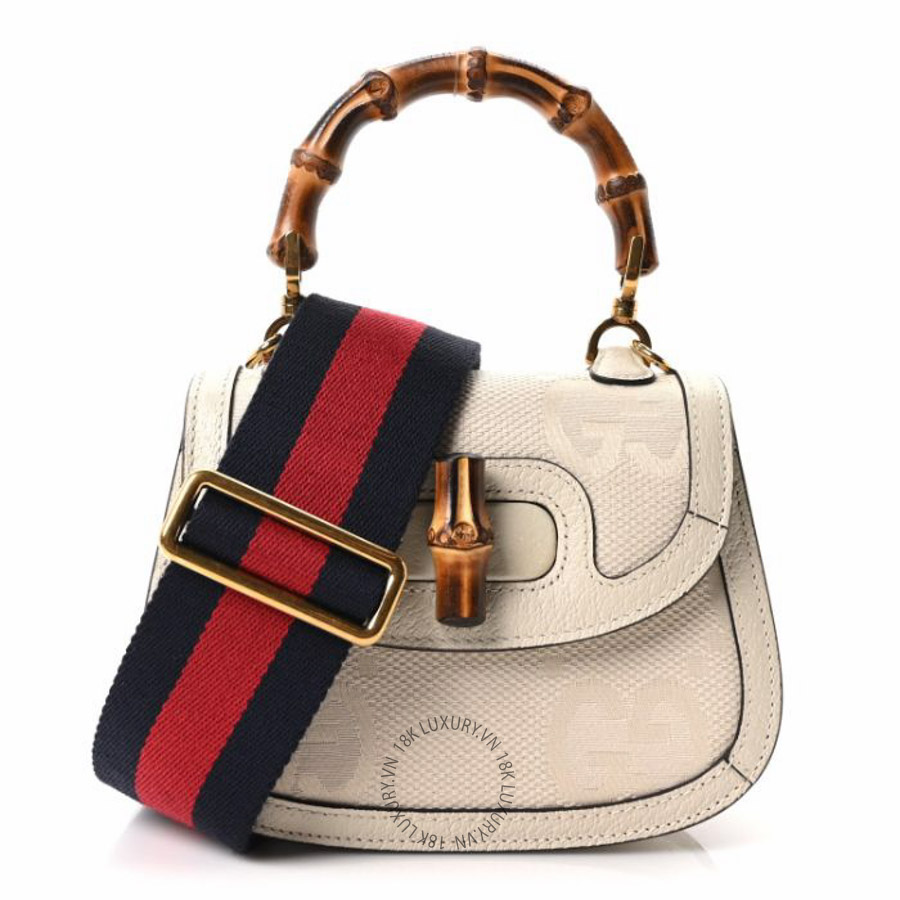 Túi xách đeo chéo Gucci Monogram Jumbo GG Textured Dollar Calfskin Web Mini Bamboo 1947 Top Handle Bag Off White NFPG650