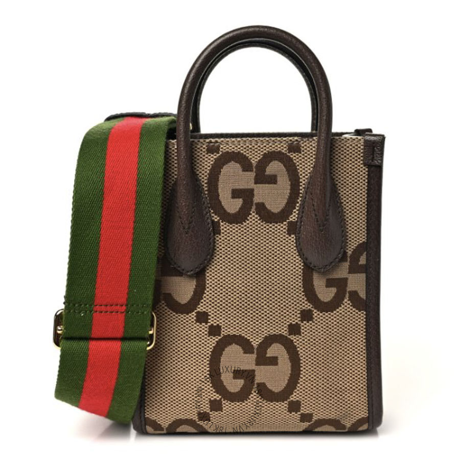 Túi Xách Đeo Chéo Gucci Monogram Jumbo GG Textured Dollar Calfskin Web Mini Vertical Tote Camel Ebony New Acero GDCB123