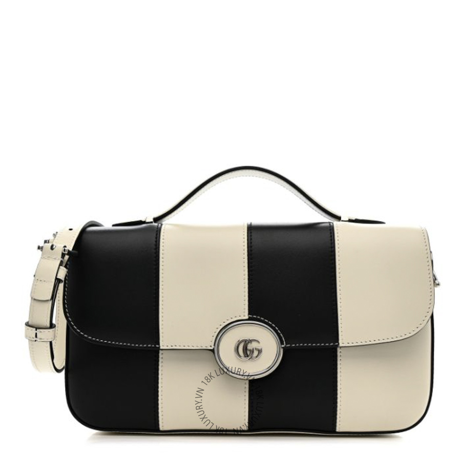 Túi Xách Đeo Chéo Gucci Senna Calfskin Lines Petite GG Top Handle Shoulder Bag Black Mystic White GDCB292