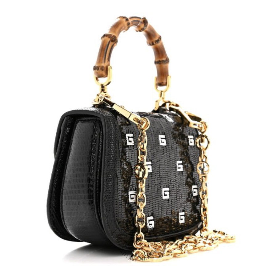 Túi Xách Đeo Chéo Gucci Sequin Lizard Embossed GG Mini Bamboo 1947 Top Handle Chain Bag Black White GDCB674