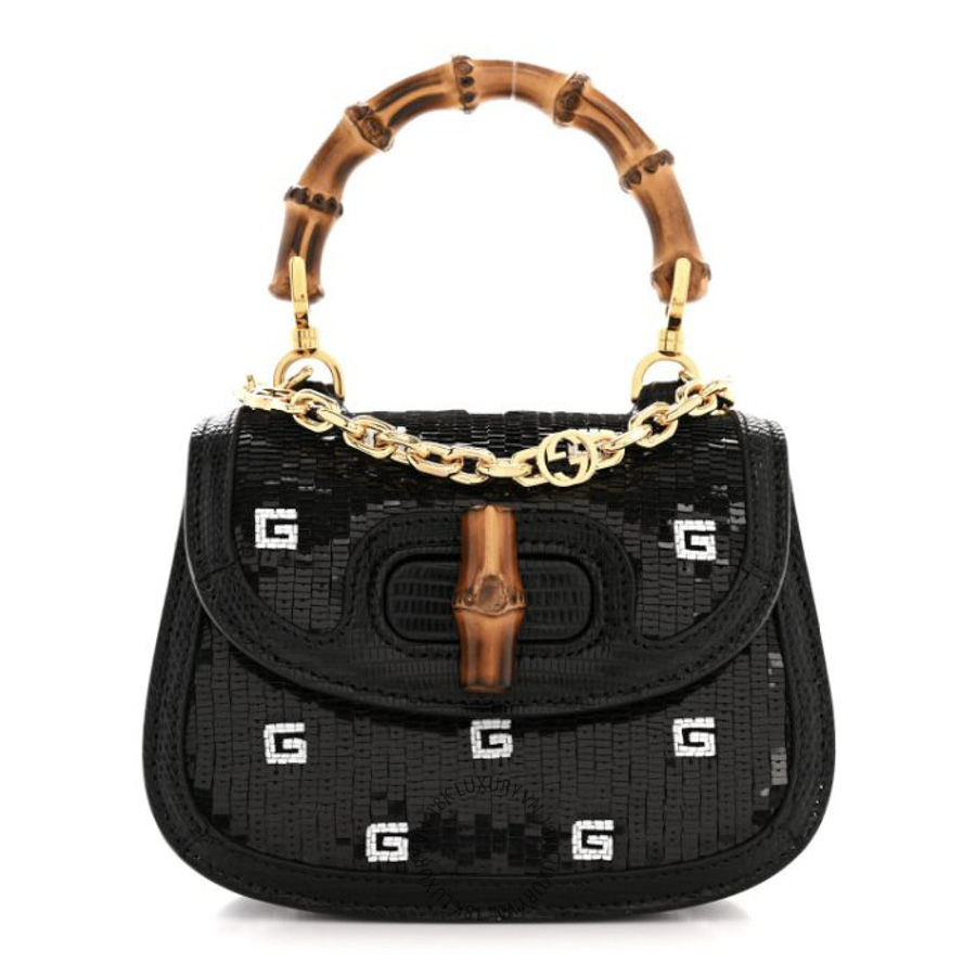 Túi Xách Đeo Chéo Gucci Sequin Lizard Embossed GG Mini Bamboo 1947 Top Handle Chain Bag Black White GDCB674