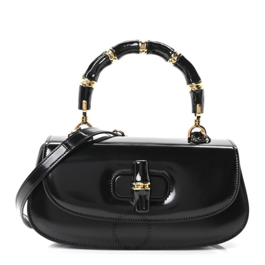 Túi xách đeo chéo Gucci Shiny Polished Calfskin Medium Bamboo Diva Black GGC297