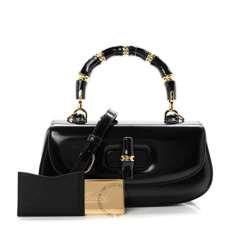 Túi xách đeo chéo Gucci Shiny Polished Calfskin Medium Bamboo Diva Black GGC356