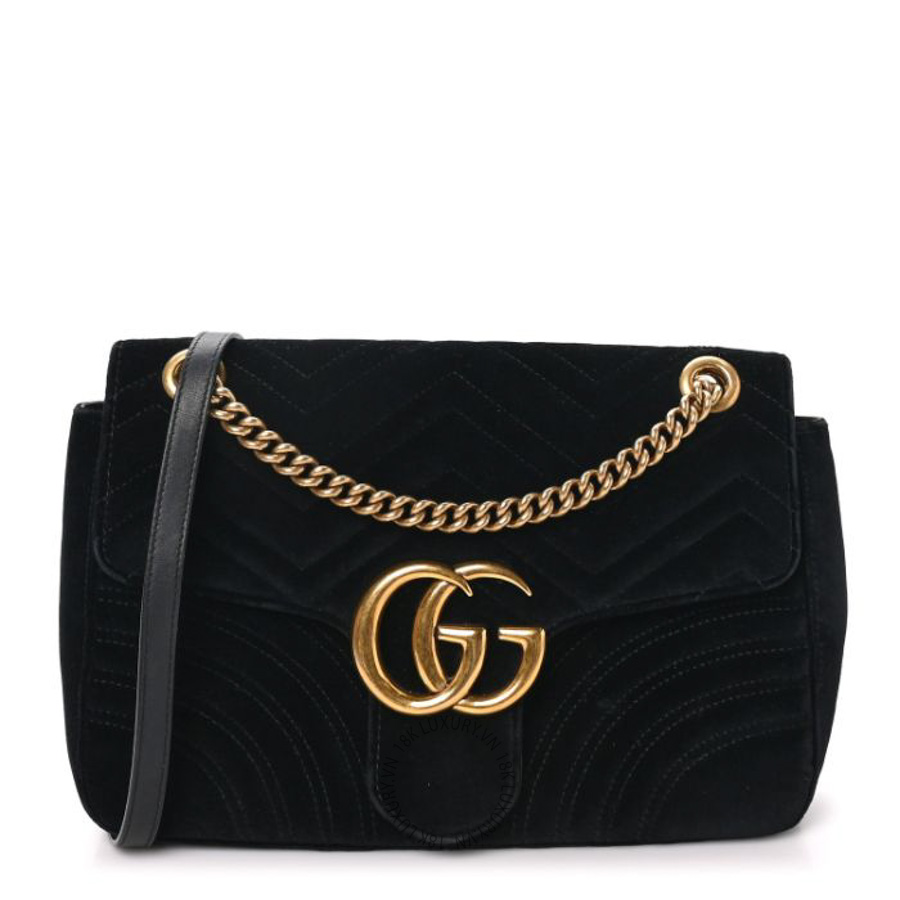 Túi xách đeo chéo Gucci Velvet Matelasse Medium GG Marmont Shoulder Bag Black GGC408