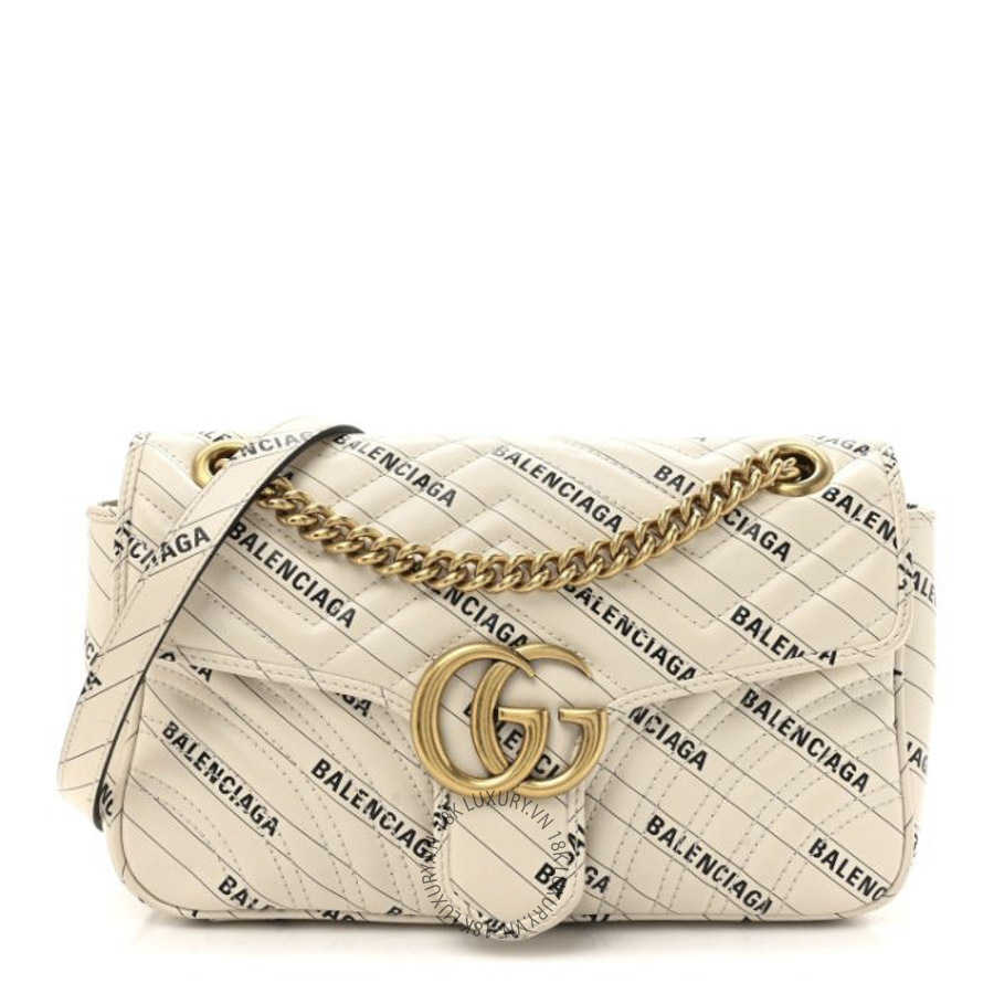 Túi Xách Đeo Chéo Gucci X BALENCIAGA Calfskin Matelasse Logo Print Small GG Marmont Shoulder Bag White GDCB201