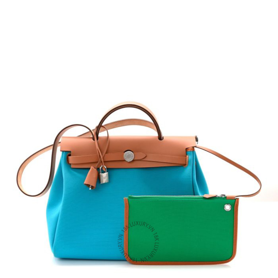 Túi xách đeo chéo Hermes Toile Officier Vache Hunter Verso Herbag Zip Retourne PM 31 Bleu Azteque Menthe HMT253
