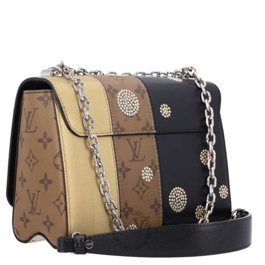 Túi Xách Đeo Chéo Louis Vuitton Calfskin Reverse Monogram Studded Twist Shoulder Bag MM Black Gold NSBD386