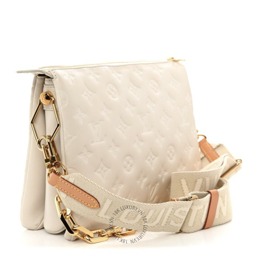 Túi Xách Đeo Chéo Louis Vuitton Lambskin Embossed Monogram Coussin PM Beige Cream NSBD178