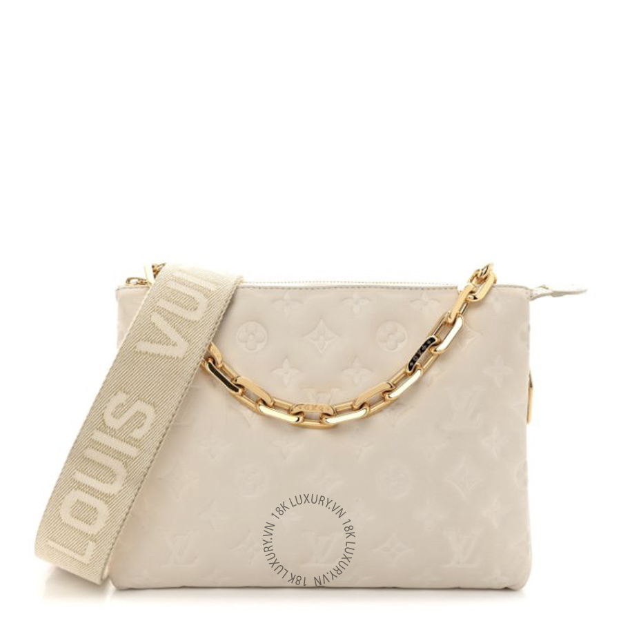 Túi Xách Đeo Chéo Louis Vuitton Lambskin Embossed Monogram Coussin PM Beige Cream NSBD178