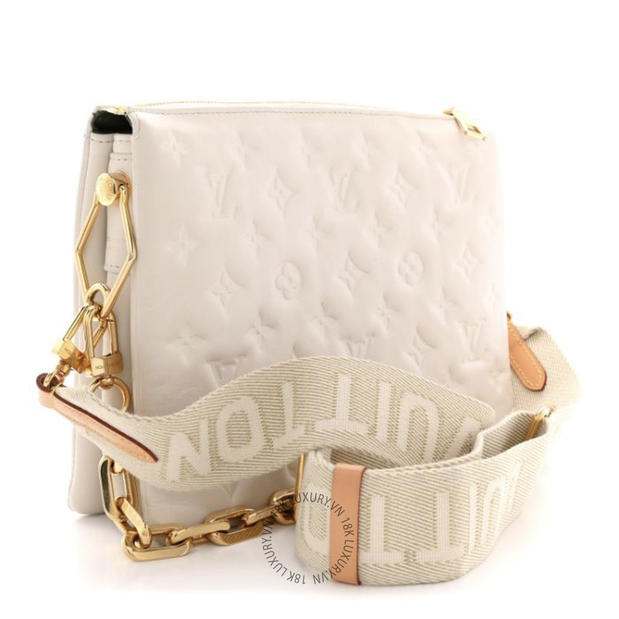 Túi Xách Đeo Chéo Louis Vuitton Lambskin Embossed Monogram Coussin PM Beige Cream NSBD186
