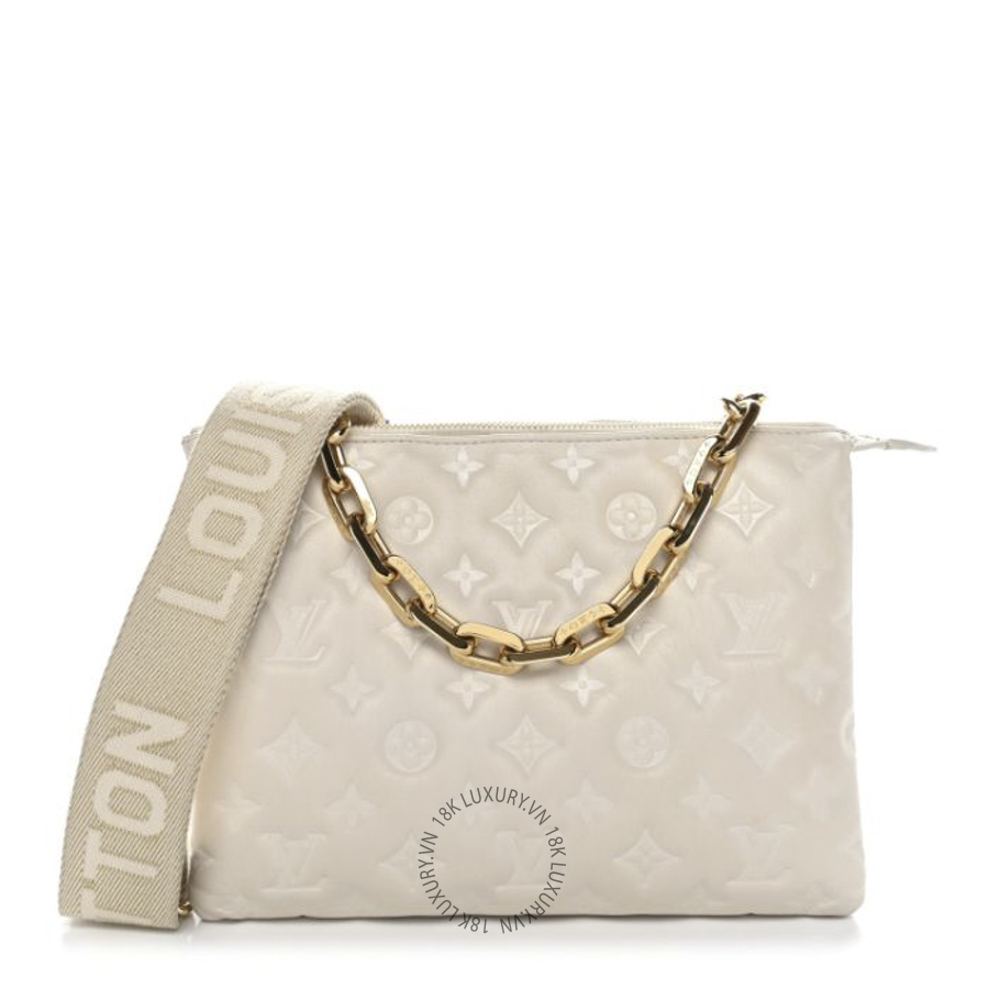 Túi Xách Đeo Chéo Louis Vuitton Lambskin Embossed Monogram Coussin PM Beige Cream NSBD190