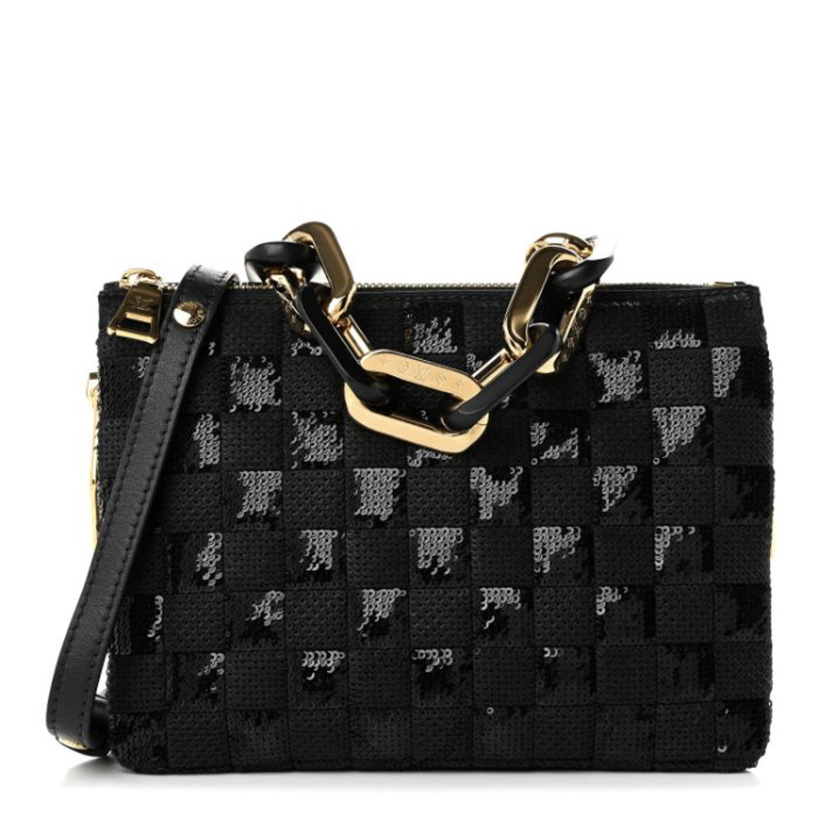 Túi Xách Đeo Chéo Louis Vuitton Satin Sequin Embroidered Damier Coussin BB Black NSBD702