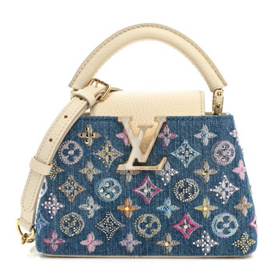 Túi xách đeo chéo LV Denim Lurex Beaded Calfskin Capucines Mini Blue Cream QWE1211
