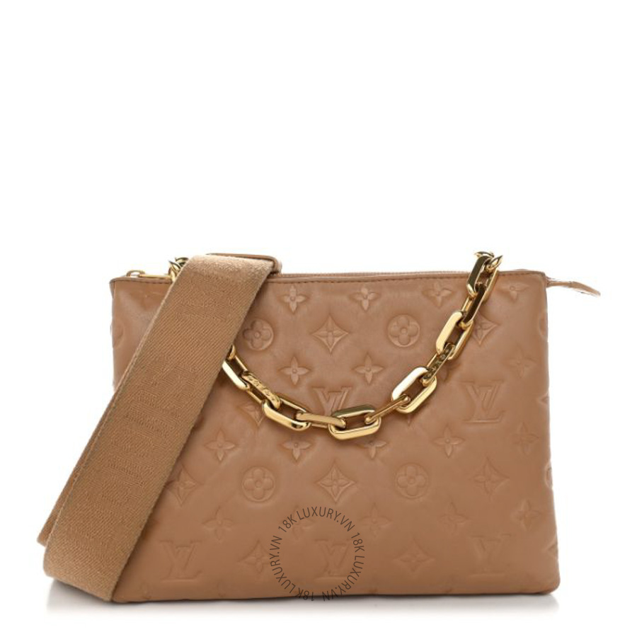Túi xách đeo chéo LV Lambskin Embossed Monogram Coussin PM Camel FPNG1700