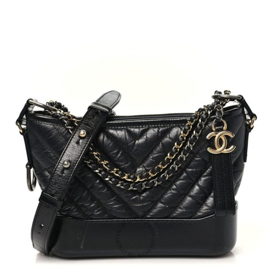 Túi Xách Đeo Chéo Mini Chanel Aged Calfskin Chevron Quilted Small Gabrielle Hobo Black CVB1080
