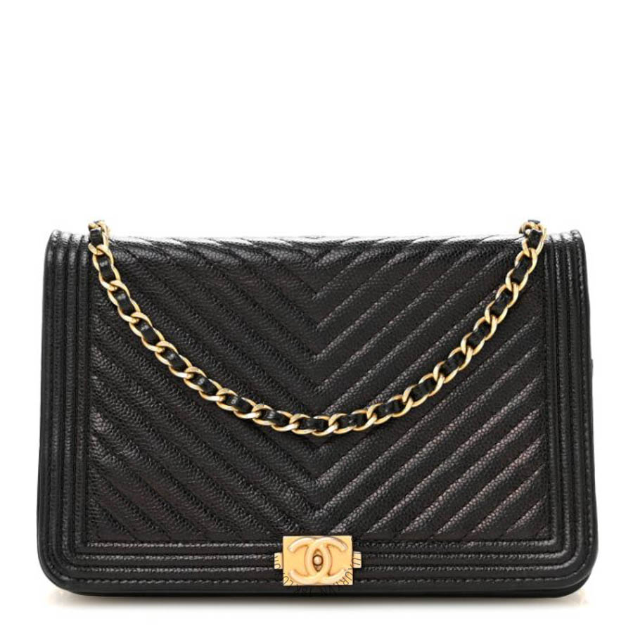 Túi Xách Đeo Chéo Mini Chanel Caviar Chevron Quilted Boy Wallet On Chain WOC Black CVB1096