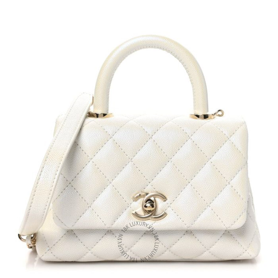 Túi Xách Đeo Chéo Mini Chanel Iridescent Caviar Quilted Extra Mini Coco Handle Flap White CVB641