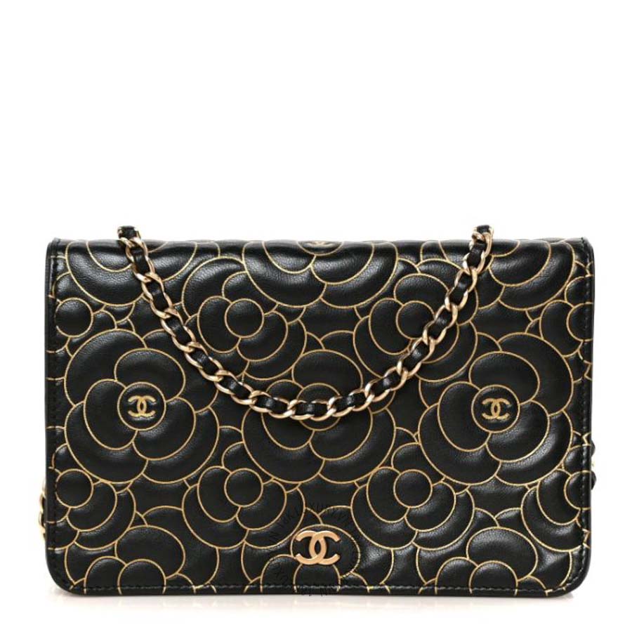 Túi Xách Đeo Chéo Mini Chanel Lambskin Camellia Embossed Wallet On Chain WOC Black Gold CVB1050