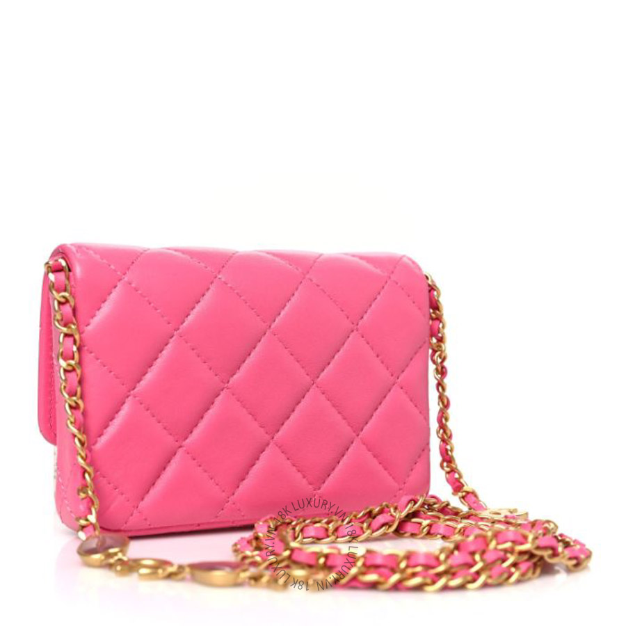 Túi Xách Đeo Chéo Mini Chanel Lambskin Enamel Quilted Coco Hearts Clutch With Chain Pink CVB977
