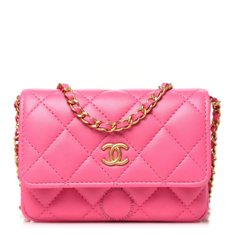 Túi Xách Đeo Chéo Mini Chanel Lambskin Enamel Quilted Coco Hearts Clutch With Chain Pink CVB977