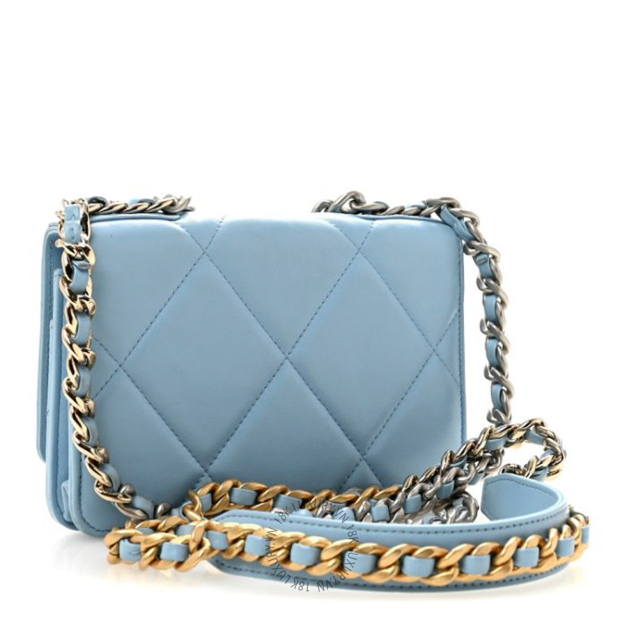 Túi Xách Đeo Chéo Mini Chanel Lambskin Quilted Chanel 19 Wallet On Chain WOC Light Blue CVB1089