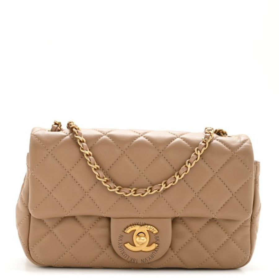 Túi Xách Đeo Chéo Mini Chanel Lambskin Quilted Mini Rectangular Pearl Crush Flap Beige CVB580