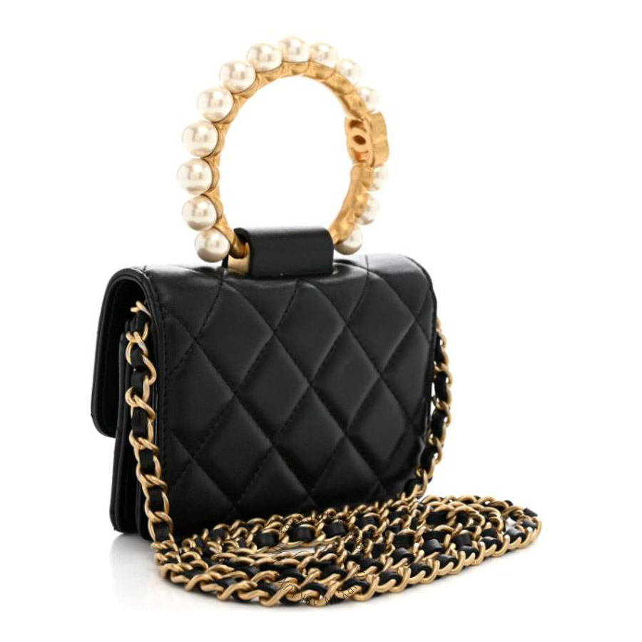 Túi Xách Đeo Chéo Mini Chanel Lambskin Quilted Pearl Crown Clutch With Chain Black CVB760