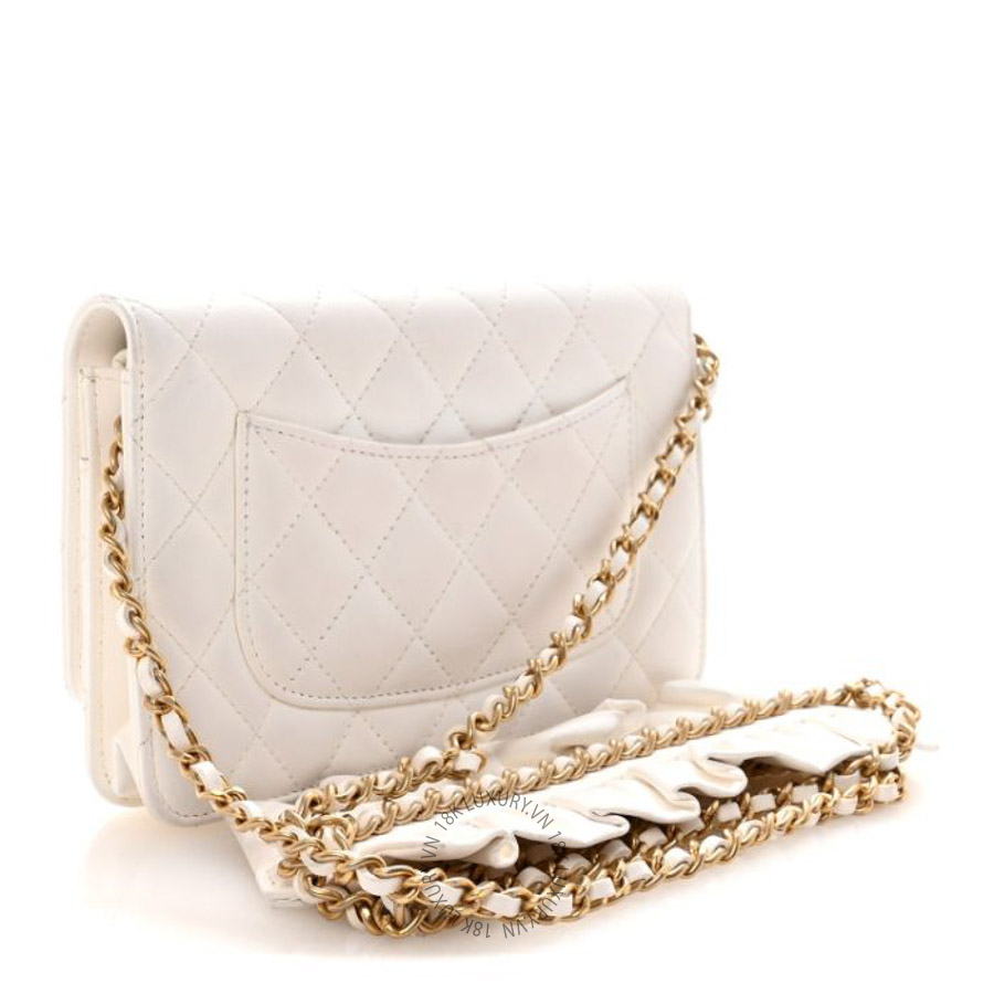 Túi Xách Đeo Chéo Mini Chanel Lambskin Quilted Romance Wallet On Chain WOC White CVB1013