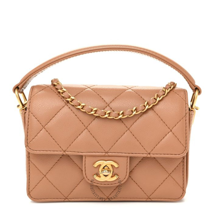 Túi Xách Đeo Chéo Mini Chanel Shiny Caviar Quilted Mini Top Handle Flap Bag Camel CVB1058