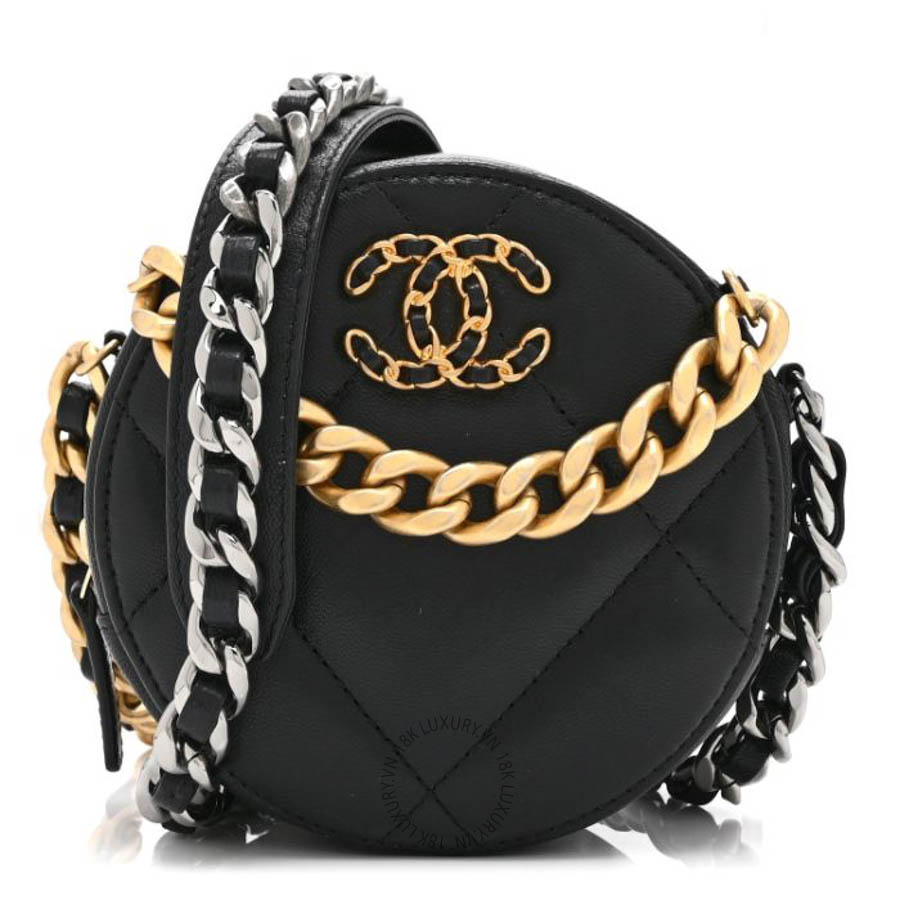 Túi Xách Đeo Chéo Mini Chanel Shiny Goatskin Quilted Chanel 19 Round Clutch With Chain Black CVB1147