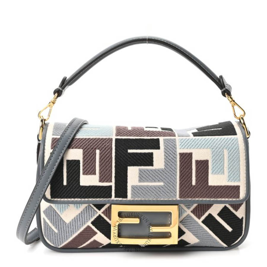 Túi xách đeo chéo mini Fendi Canvas Vitello King Seta FF Embroidered Mini Baguette Anice Tortora TFD355