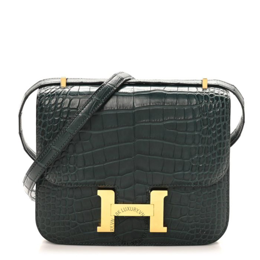 Túi xách đeo chéo mini Hermes Matte Alligator Constance 18 Vert Cypress HMT141
