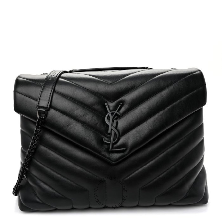 Túi Xách Đeo Chéo Yves Saint Laurent Calfskin Y Quilted Monogram Monochrome Medium Loulou Chain Satchel Black ZZN038