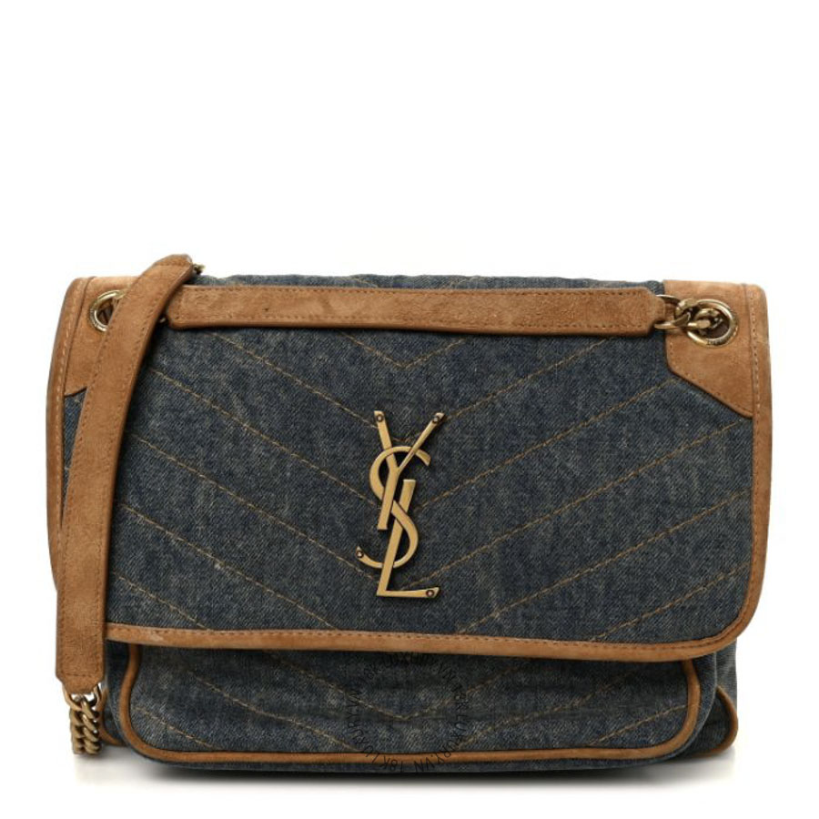Túi Xách Đeo Chéo Yves Saint Laurent Denim Suede Monogram Medium Niki Chain Satchel Blue Cinnamon ZZN1091