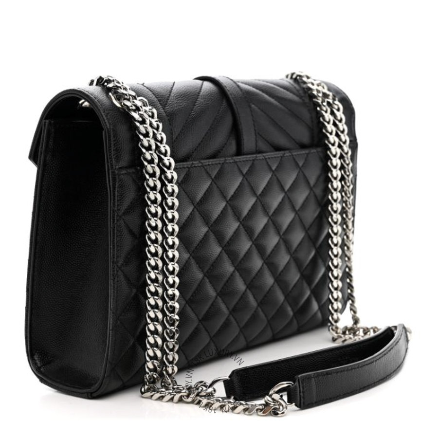 Túi Xách Đeo Chéo Yves Saint Laurent Grain De Poudre Textured Mixed Matelasse Triquilt Medium Monogram Satchel Black ZZN1163
