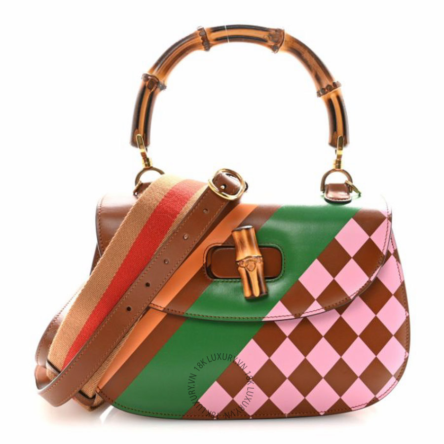 Túi xách Gucci Calfskin Geometric Print Medium Bamboo 1947 Top Handle Bag Brown NFPG493